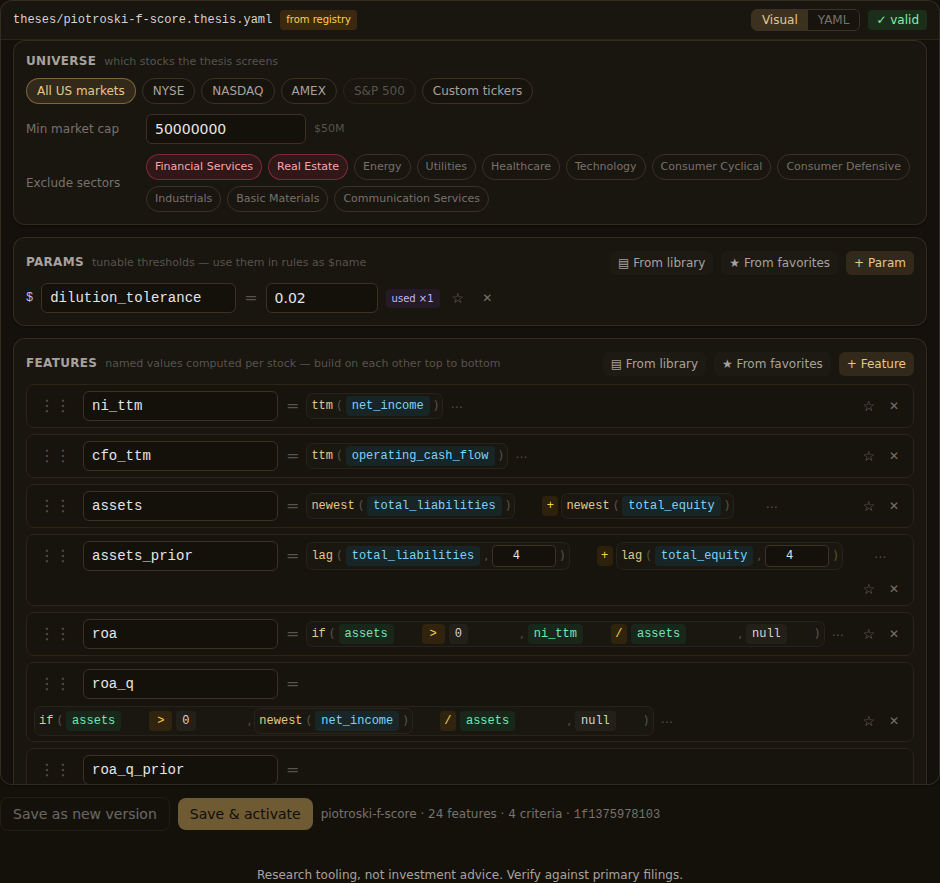 The Piotroski F-Score template's universe block in the visual builder: the exchange list, a $50M minimum market cap, and Financial Services and Real Estate excluded before any signal is computed.
