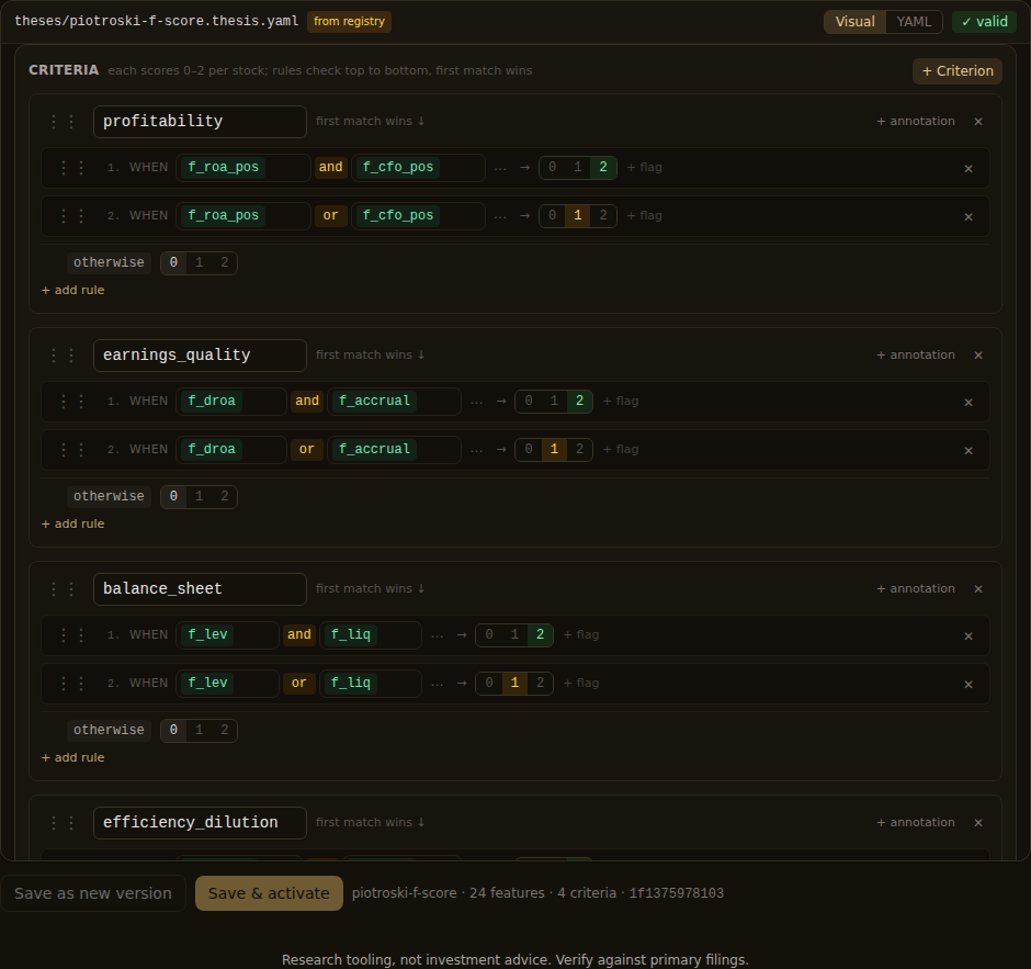 The same template's criteria in the visual builder. The earnings_quality criterion scores two signals together: f_droa, whether return on assets improved against the same quarter a year earlier, and f_accrual, whether trailing operating cash flow came in above trailing net income.