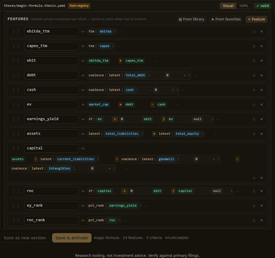The Greenblatt Magic Formula template exposes each feature definition so the path from filing inputs to the combined rank can be inspected before a scan runs.