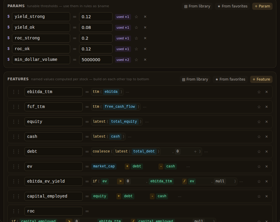 The same thesis in the visual builder — every threshold a named parameter you can tune and re-run.