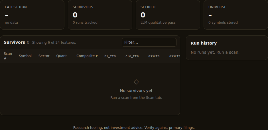 The Run history card sits beside a thesis result so earlier scans remain available for inspection and comparison.