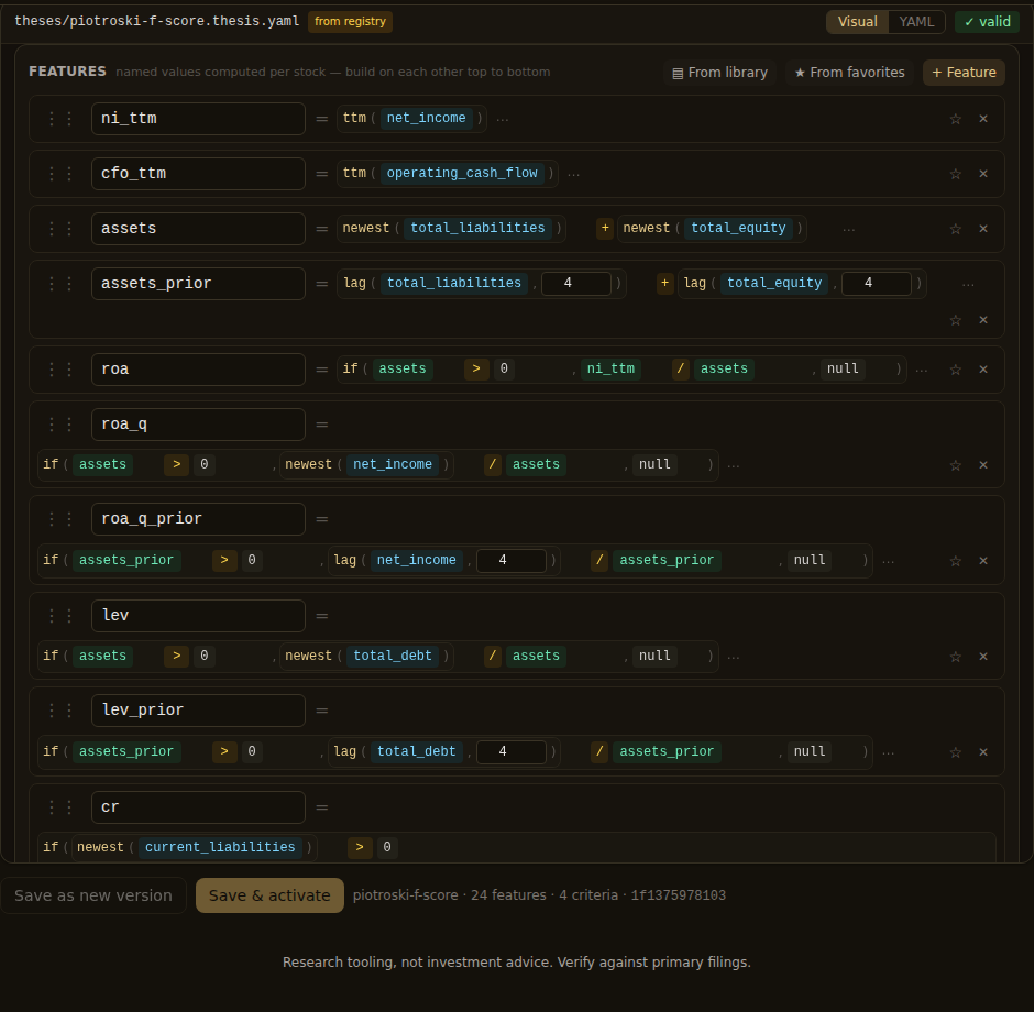 The Piotroski F-Score template's first two features in Quantery's visual thesis builder: ni_ttm as ttm(net_income) and cfo_ttm as ttm(operating_cash_flow), the two trailing twelve month numbers this article compares.