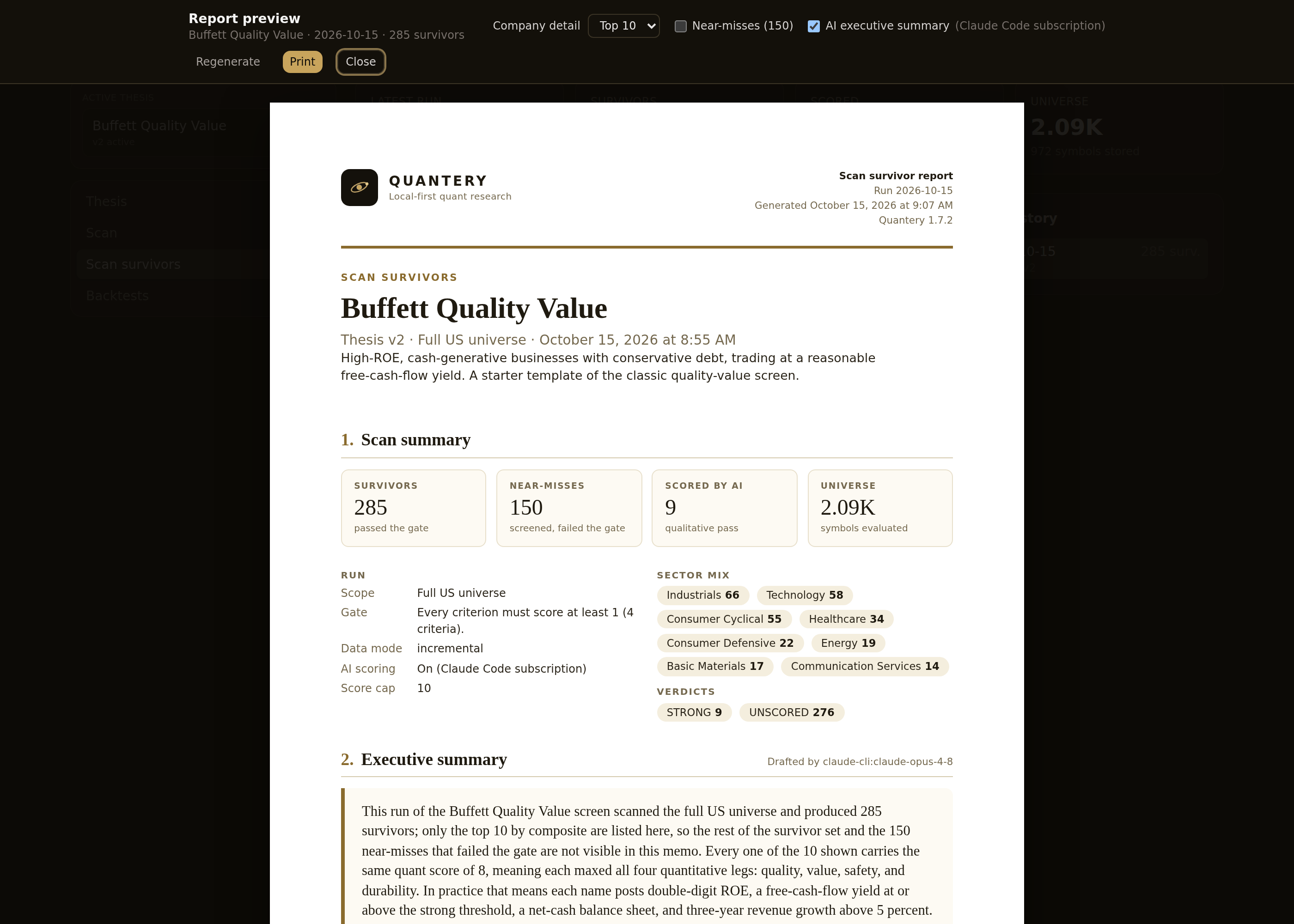 The report as it opens on screen, over a Buffett Quality Value scan run on October 15, 2026: 285 survivors, 150 near-misses, and the top 10 scored by the AI pass. The toolbar sets how many companies get a detail card, whether near-misses are appended, and whether the AI memo is on.
