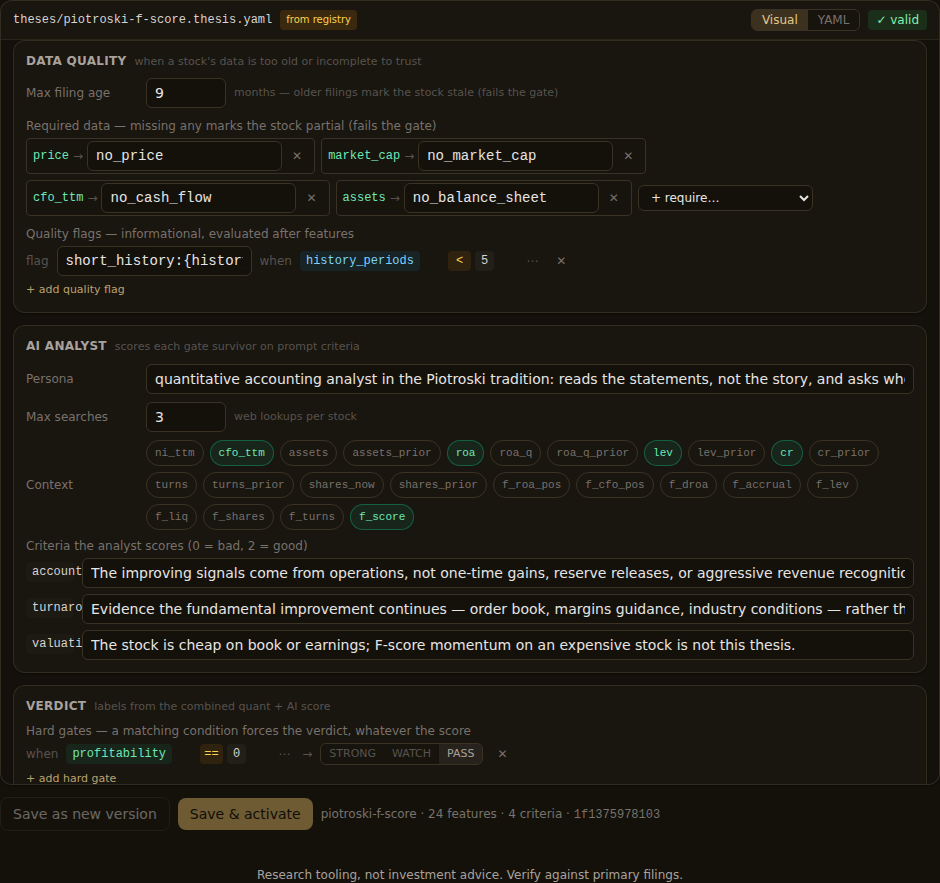 The Piotroski F-Score template's data-quality settings in the visual builder. Max filing age is nine months, four required fields mark a stock partial when missing, and a quality flag stamps short_history on any stock with fewer than five quarterly periods on record.