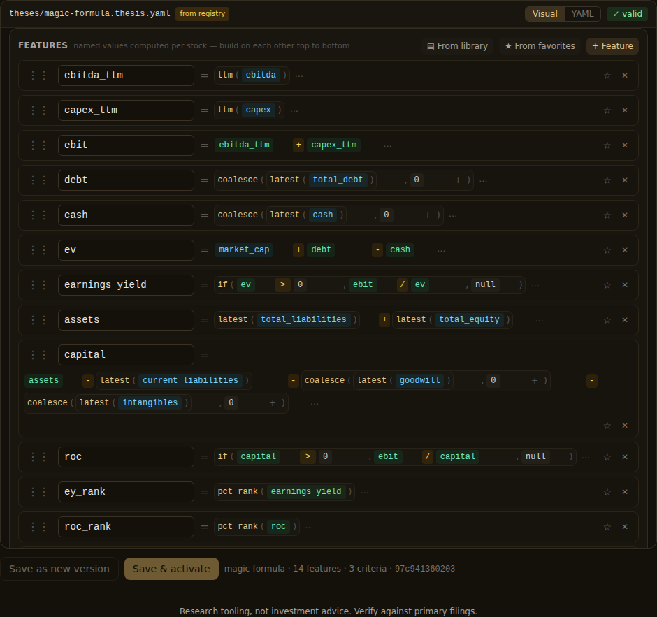 The Greenblatt Magic Formula template's features in Quantery's visual builder. The two flow inputs, ebitda_ttm and capex_ttm, are read with ttm() over four filed quarters; the balance-sheet inputs debt, cash and assets are read with latest() as point-in-time levels, and market_cap comes in live from the price side.
