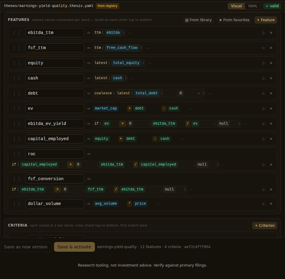 The Earnings Yield + Quality template in the visual builder: one trailing EBITDA figure feeds the valuation yield, the return on capital, and the cash conversion check.