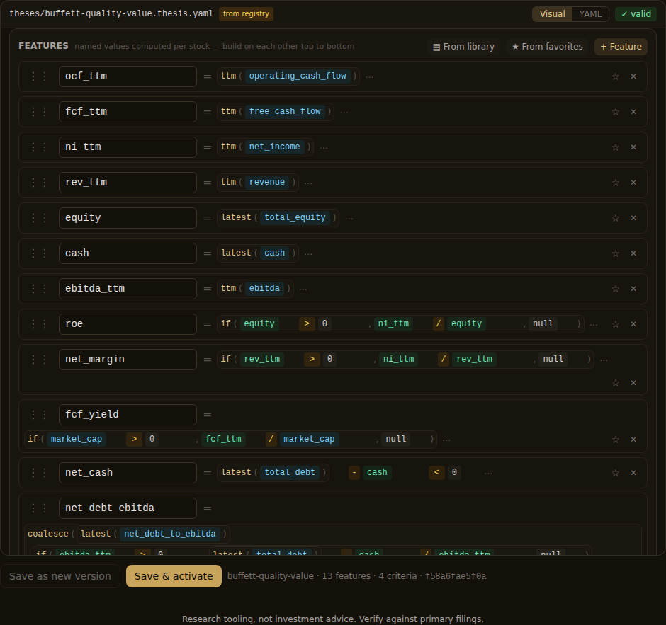 The Buffett Quality Value template's feature list in Quantery's visual builder: operating cash flow, free cash flow, and leverage are already composed from raw point-in-time fundamentals, and a capex intensity feature is one more line in the same list.